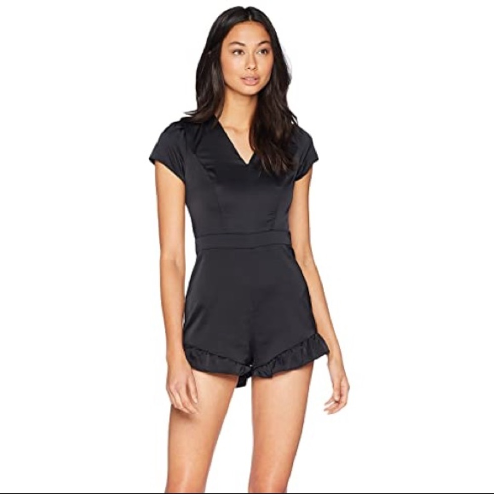 NWT Bebe Satin Shorts Romper Ruffle Hem Black Size 12